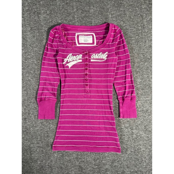 Aeropostale Tops - VTG Aeropostale Pink Striped Waffle Knit Henley Top Long Sleeve Y2K Logo Small